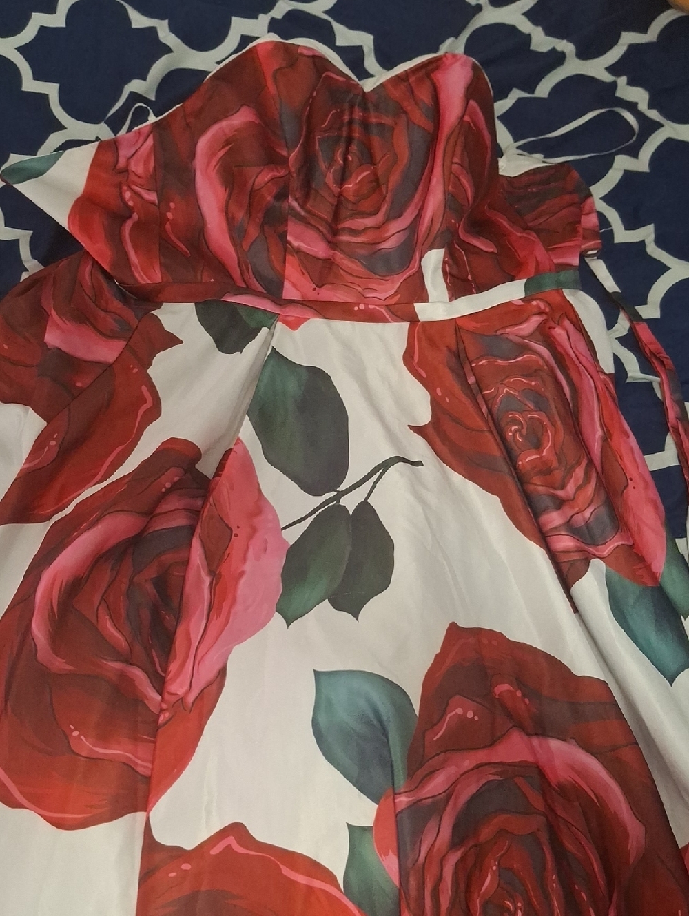 Elegant Strapless Rose Print Dress
